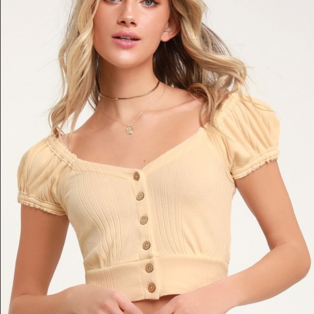 Free People Creamy Beige Button-Front Crop Top